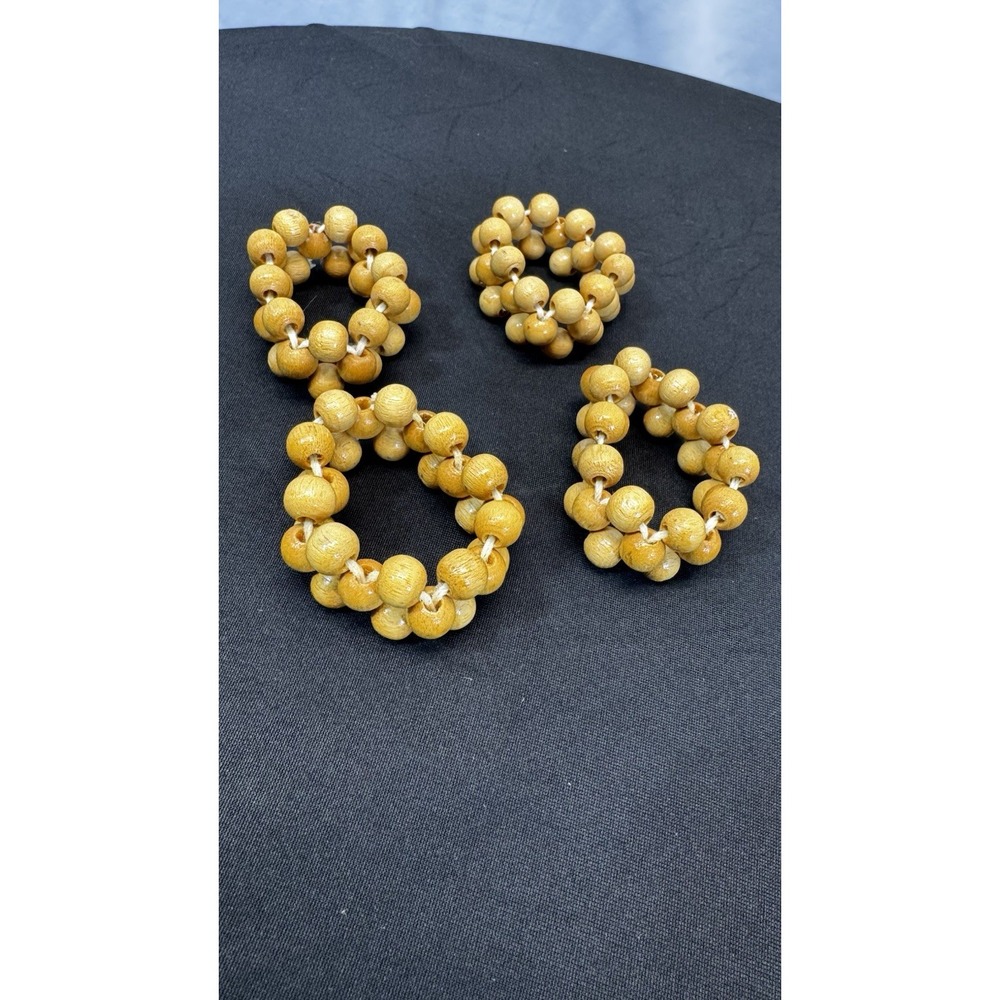 Beaded Wood Napkin Rings Wooden Set of 4 Retro Light Brown Vintage MCM
